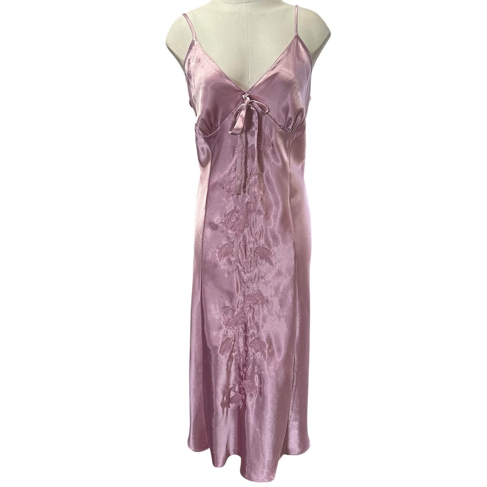 Jones New York Nightgown Womens Large Pink Satin Floral Embroidered Slip Dress - Picture 2 of 13